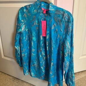 NEW Lilly Pulitzer Galiana Silk Top Blouse Ocean Breeze M